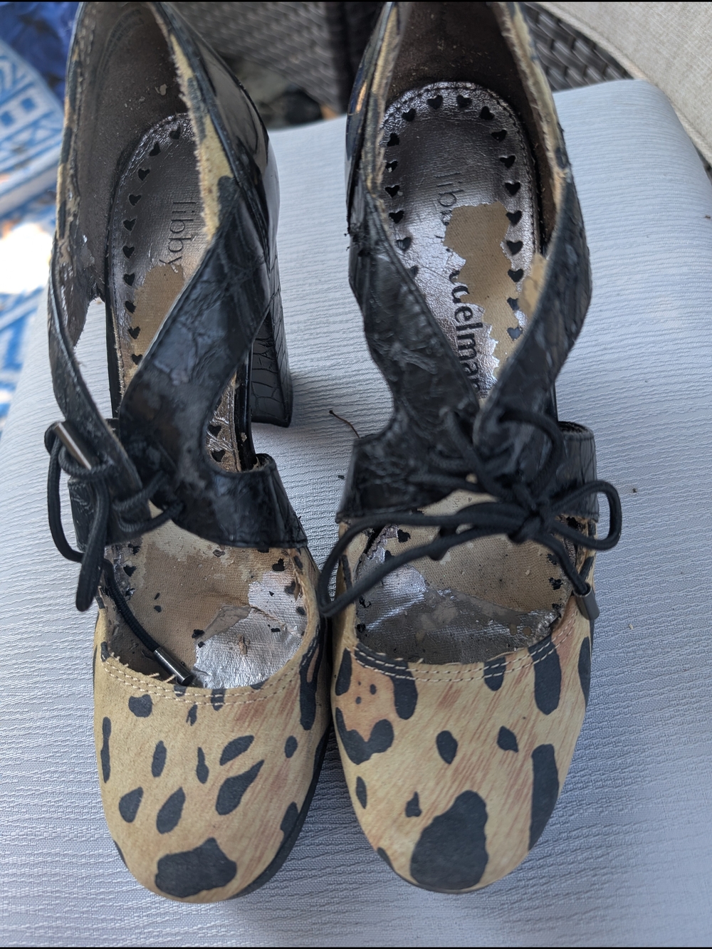 libby. edelman Black and Leopard Print Lace-Up Mary Jane Heels